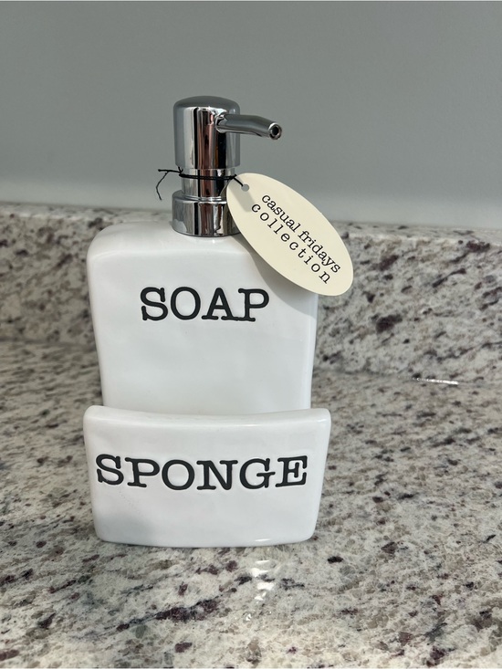 Joseph A Other - Joseph A White Ceramic Soap & Sponge Holder with Black Lettering